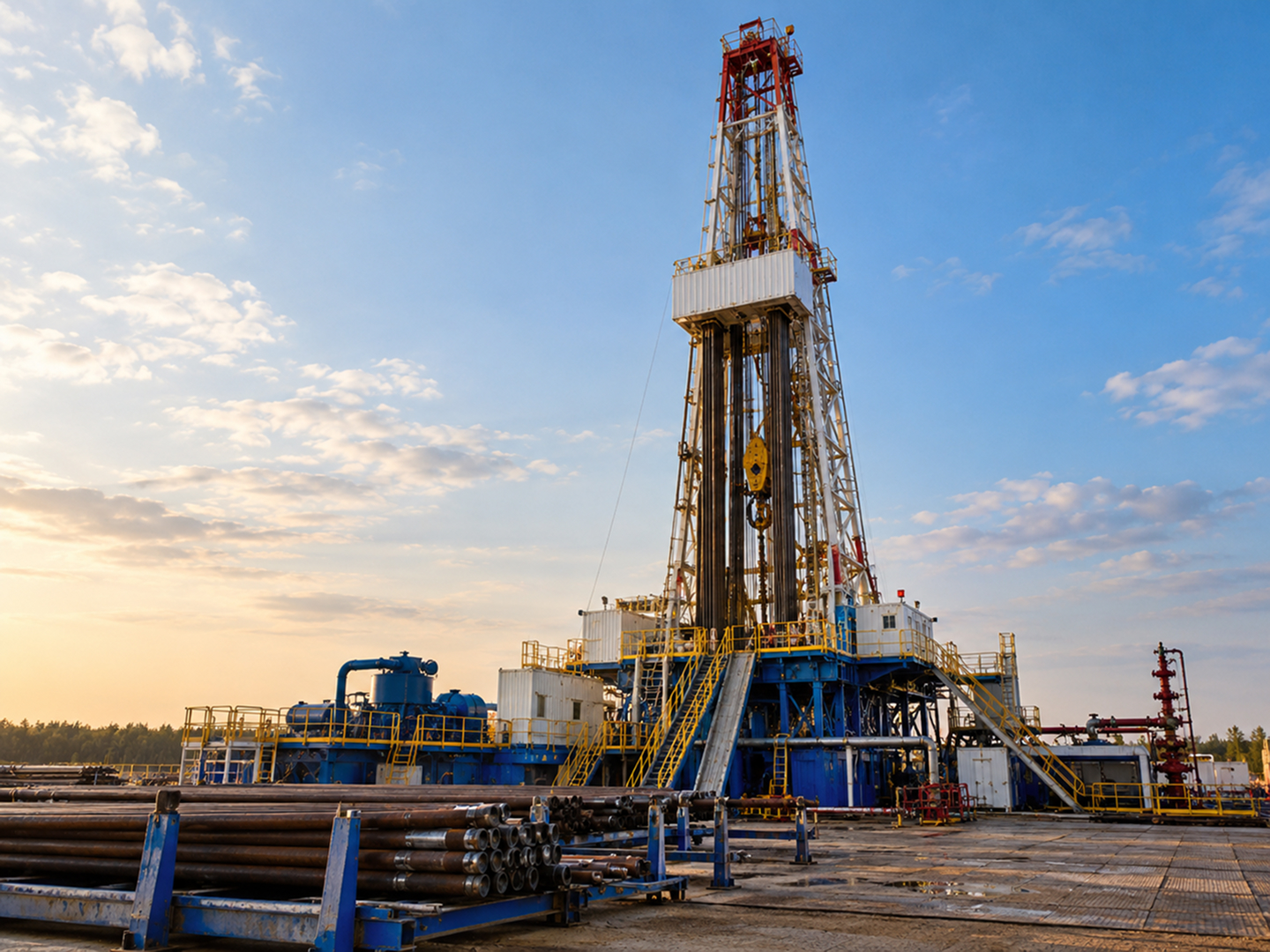 Буровая установка на нефтегазовом объекте с комплектом труб и вспомогательным оборудованием