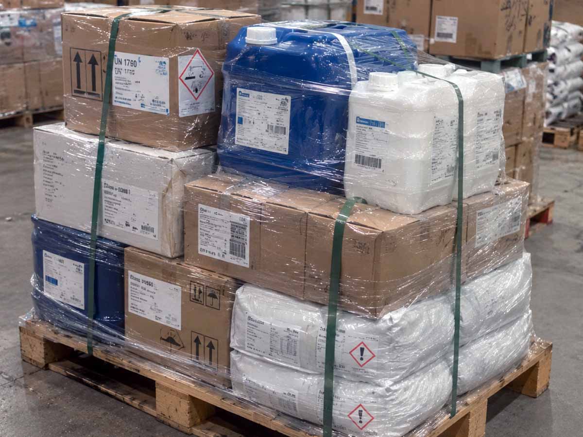 Несколько позиций химической продукции, объединённых на паллетах в одну партию перед международной отправкой из Китая
